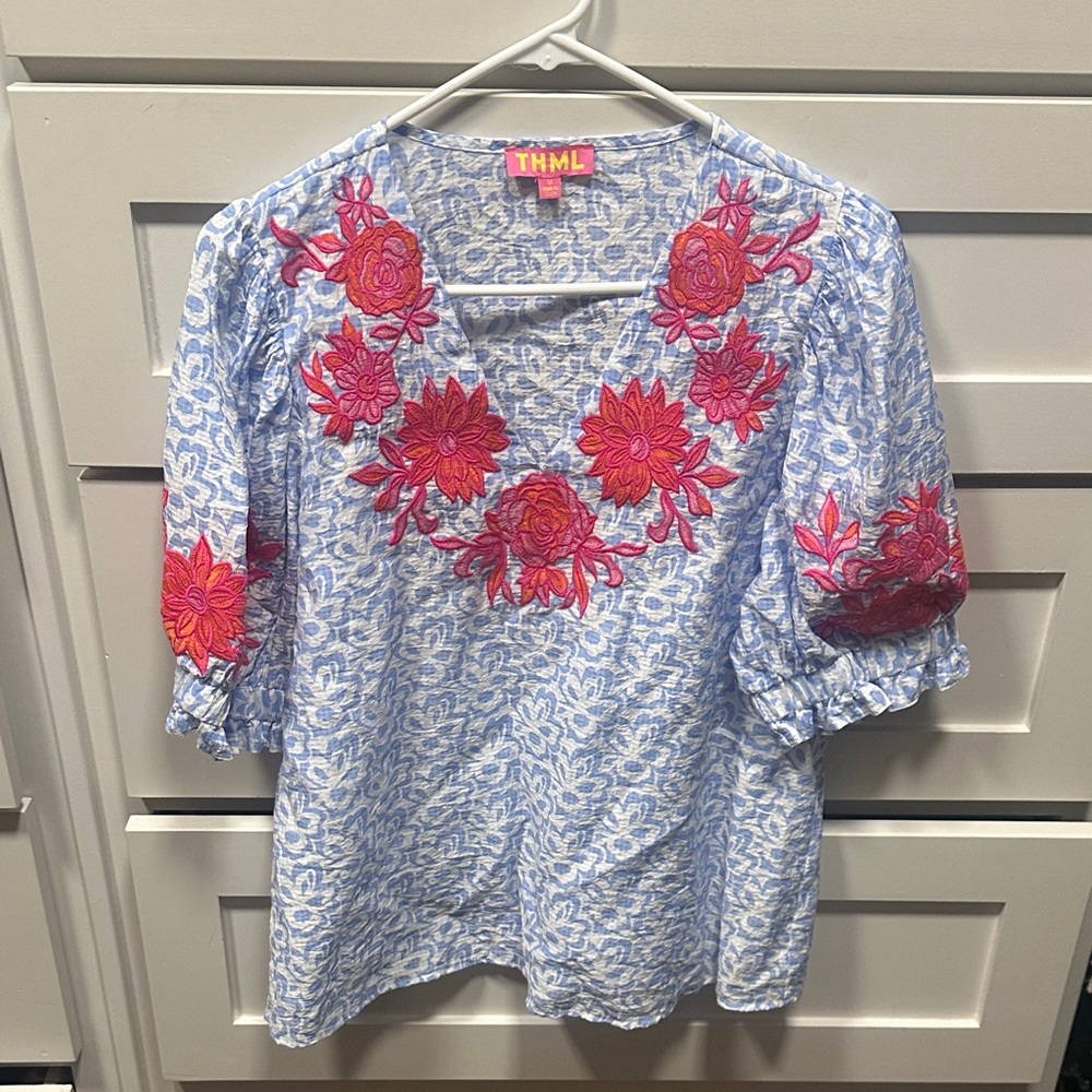 THML Light Blue Blouse with Red Floral Embroidery